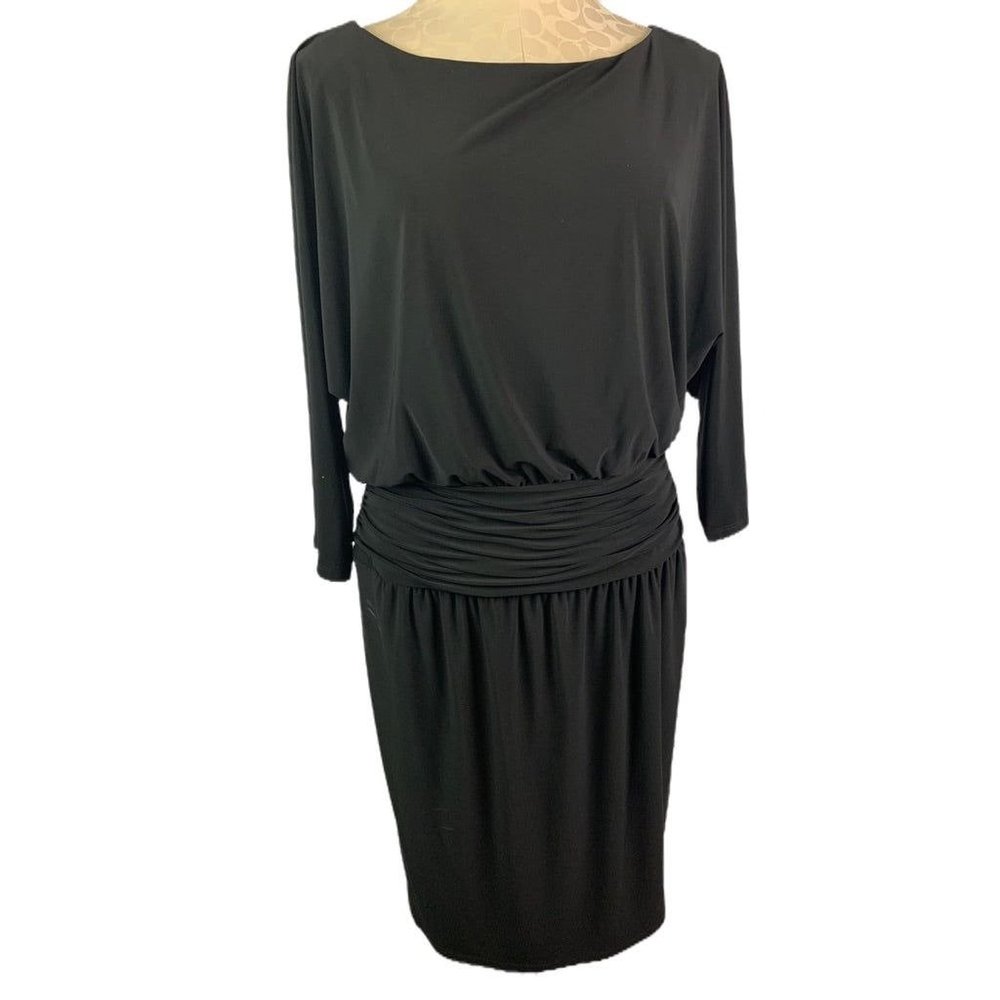 10 Evan Picone Black Blouson Dress 3/4 Sleeve Pullover Stretch